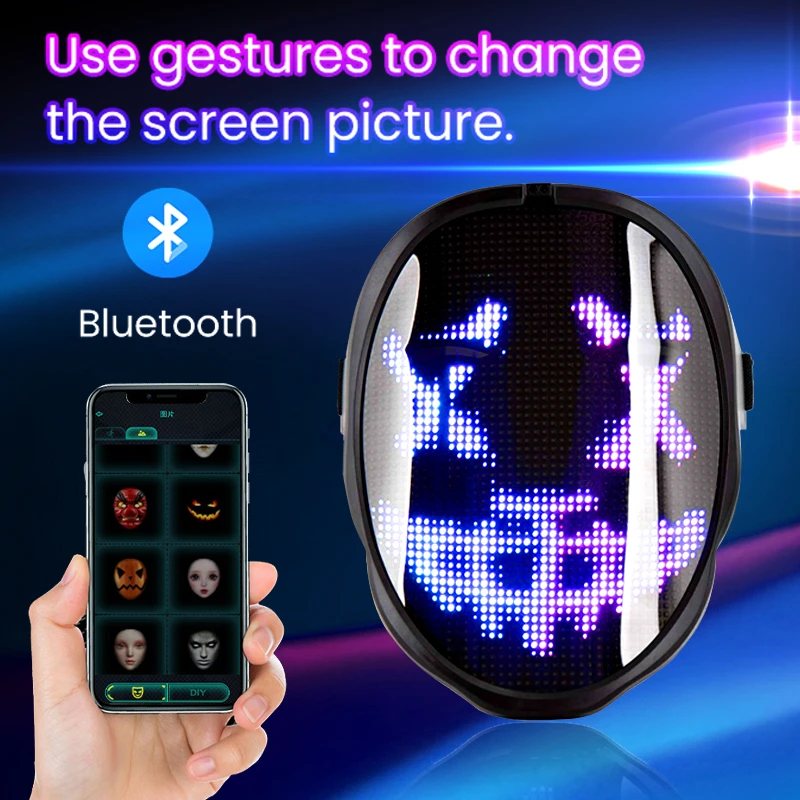 

Halloween LED Face Transformation Mask with Bluetooth, Programmable Gesture Mask, Glowing Masquerade Costume, Cosplay Party