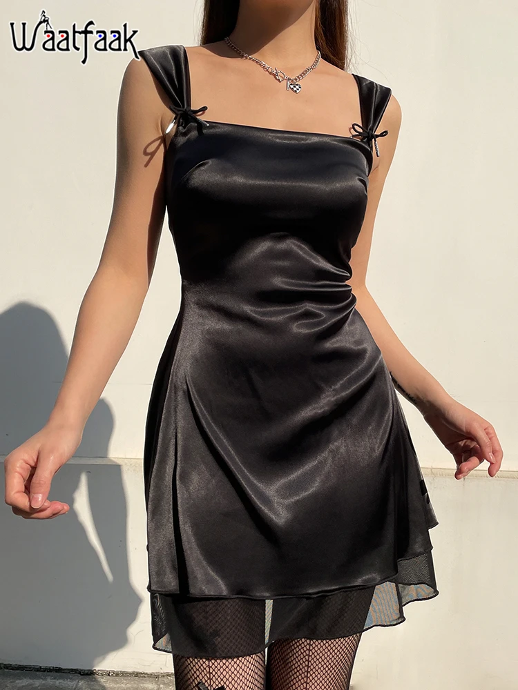 Waatfaak Chic Summer Black Slip Dress Women Dark Academia Lace Up Elegant A Line Party Tank Mini Satin Dress Night Club Outfit
