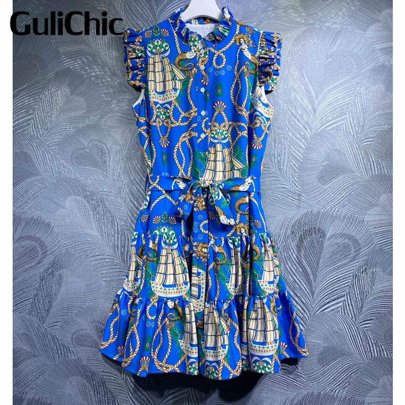 

6.21 GuliChic Fashion Stand Collar Single Breasted Ruffles Spliced Lace-Up Collect Waist Temperament Sleeveless Dress Women