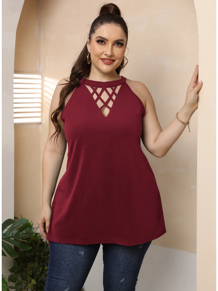 Plus size women sexy openwork burnt-out halter top bottoming shirt casual top plus size feminino t-shirts