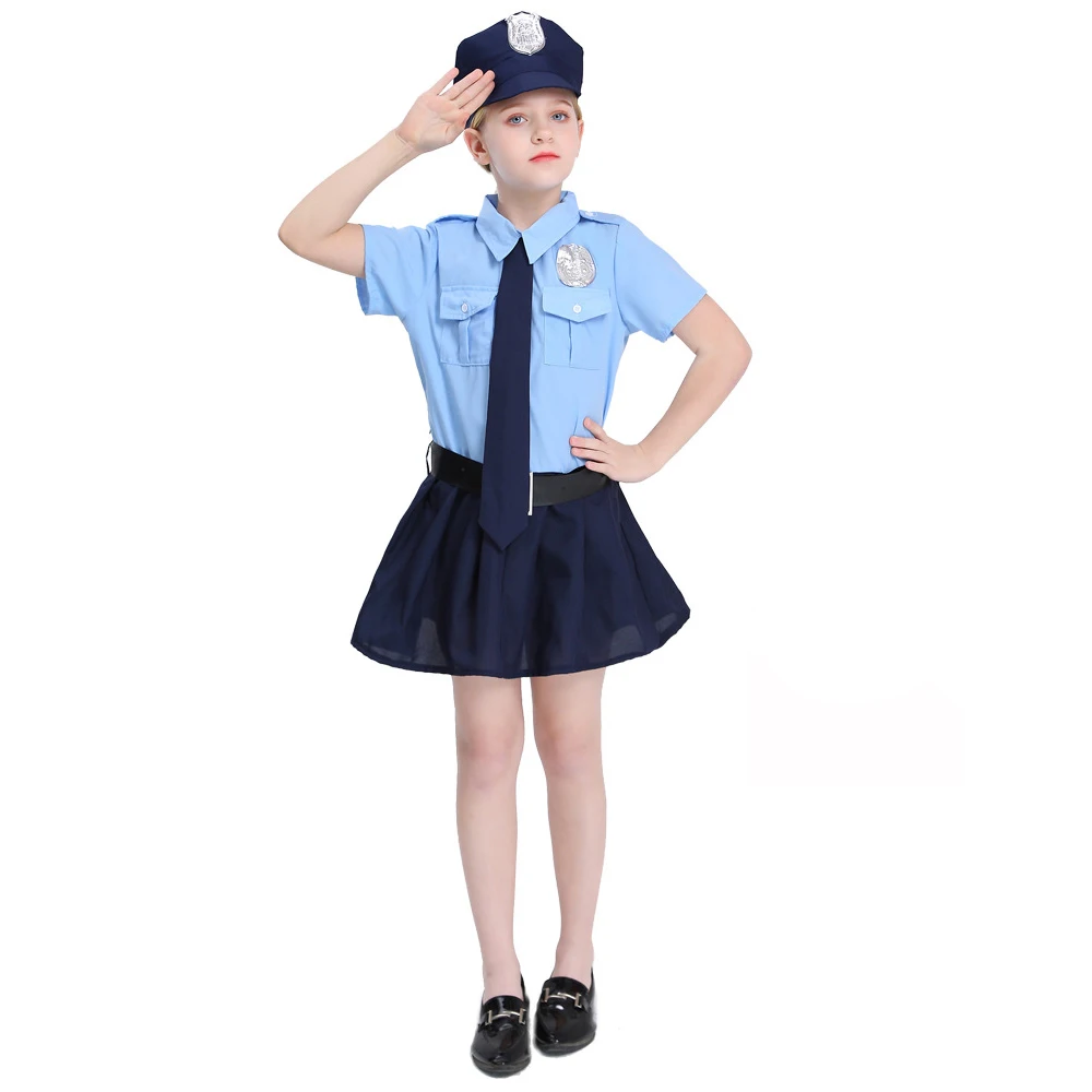 Kids Girls Police Dress Up Children Party Carnival Cosplay Cop Officer Halloween Costume Role Play Police Suit With Handcuffs images - 6