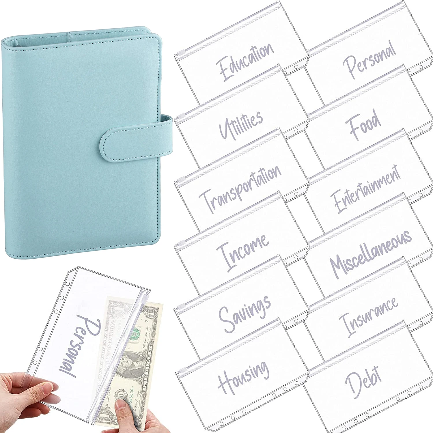 

A6 PU Leather Notebook Binder Budget Organizer Personal Binder with 12 Binder Pocket Cash Envelopes Folder for Planner Budgeting