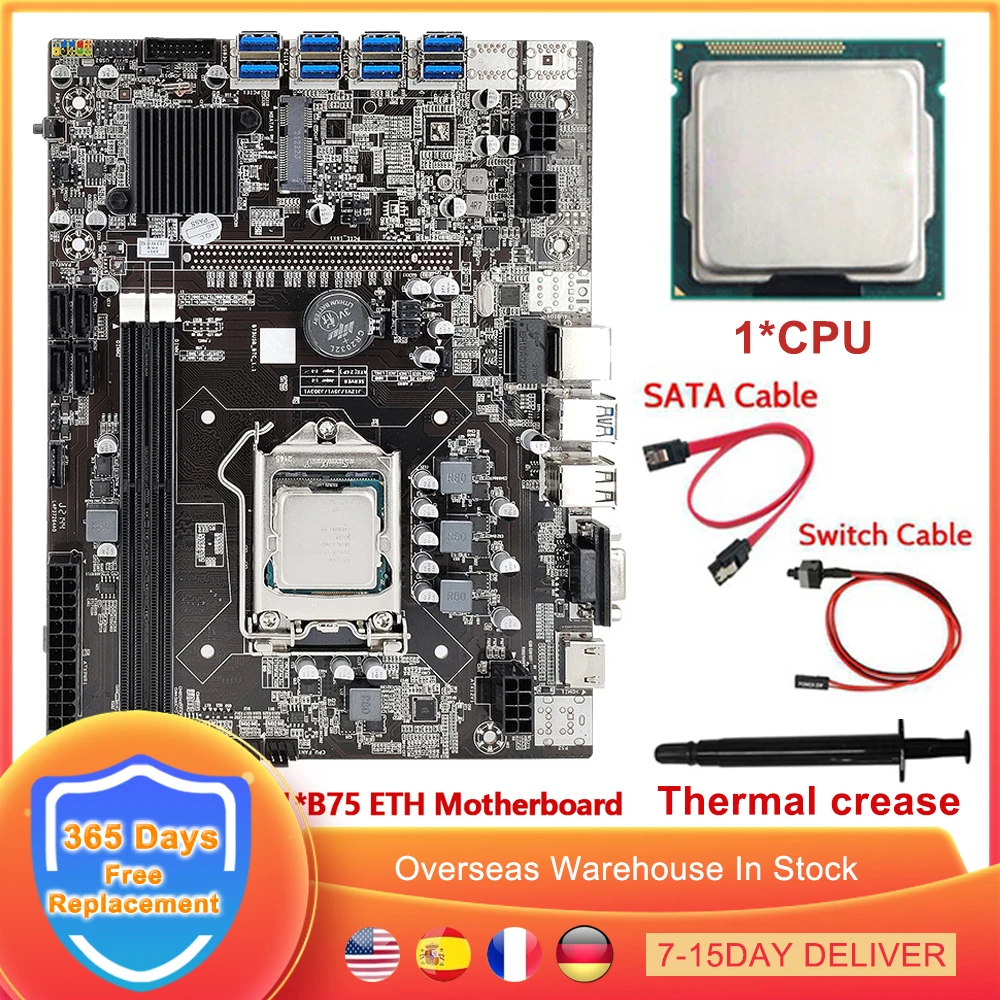 

Набор материнской платы для майнинга BTC B75, ЦП LGA 1155 DDR3 SATA, кабель переключения 8 шт. на USB GPU, графическая карта HDMI VGA ETH, добывающая установка