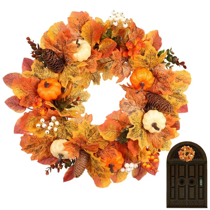 

Thanksgiving Wreath Artificial Pumpkin Wreath 45cm/17.72inch Autumn Maples Leaf Pumpkin Pine Cone Berry Farmhouse Seasonal