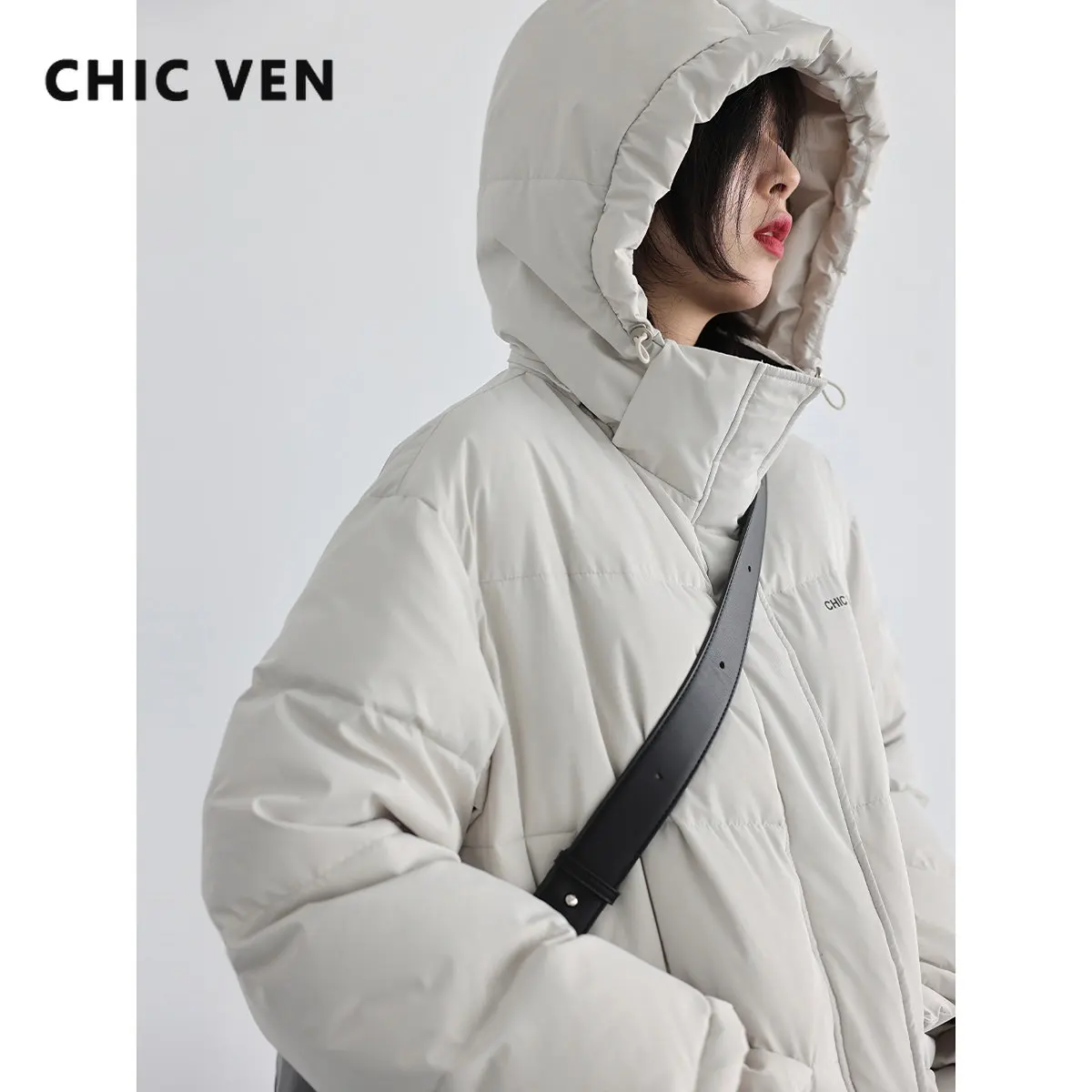 CHIC VEN Women's Down Coat Contrast Collar Solid Thick Detachable Hooded 90 White Duck Down Down Jacket Winter 2022