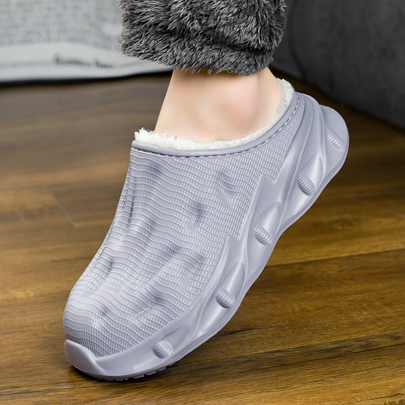 

Winter Men Slippers Plush Non-Slip Bottom Soft insole Fur House Cotton Shoes Warm Thick Platform Waterproof Bedroom Comfortable