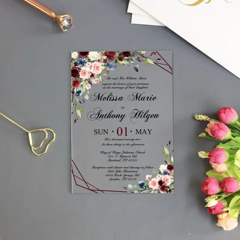 

Custom Acrylic Wedding Invitation, Acrylic Invites, Blush Pink Floral Invitation, Burgundy, Navy flowers