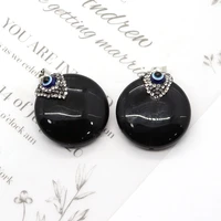 facet round black agate pendants 30x33mm natural stone inlaid diamond evil eye jewelry diy necklace earring charms accessories