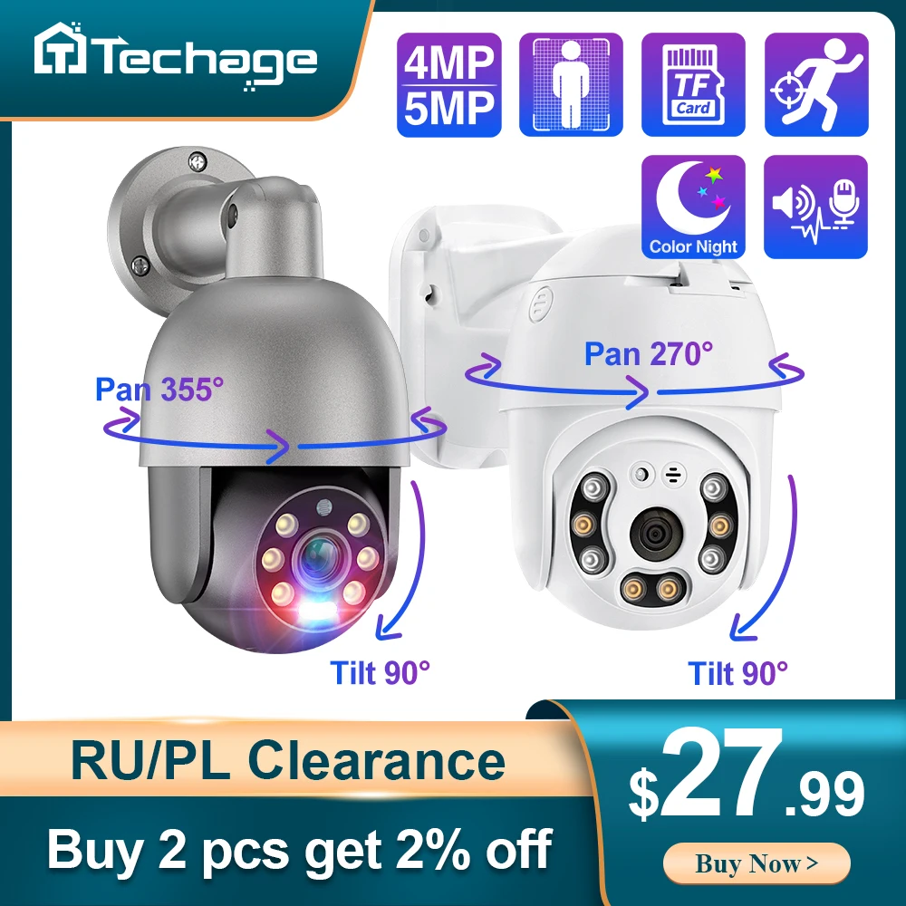 Techage 5MP Security POE IP Camera 1080P PTZ Dome Video Camera Outdoor Ai Human Detect Two Way Audio 2MP Camera XMEye TF Card