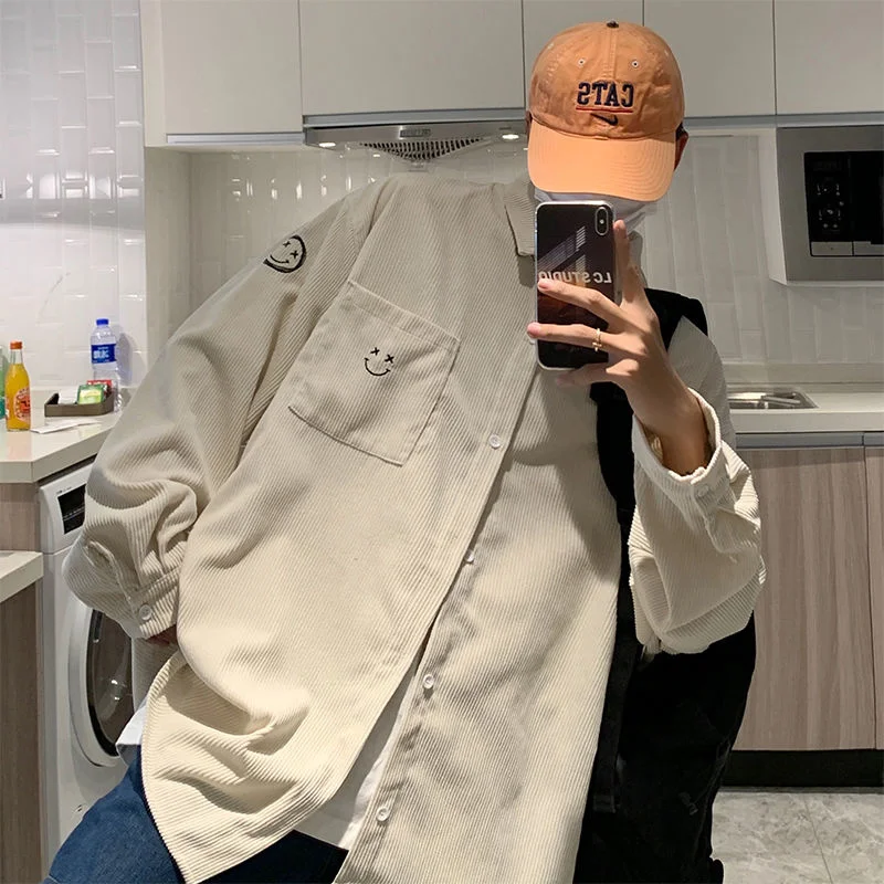 

Рубашка мужская Вельветовая с вышивкой смайлика, Повседневная Блузка оверсайз с длинным рукавом, модный кардиган, 4 цвета