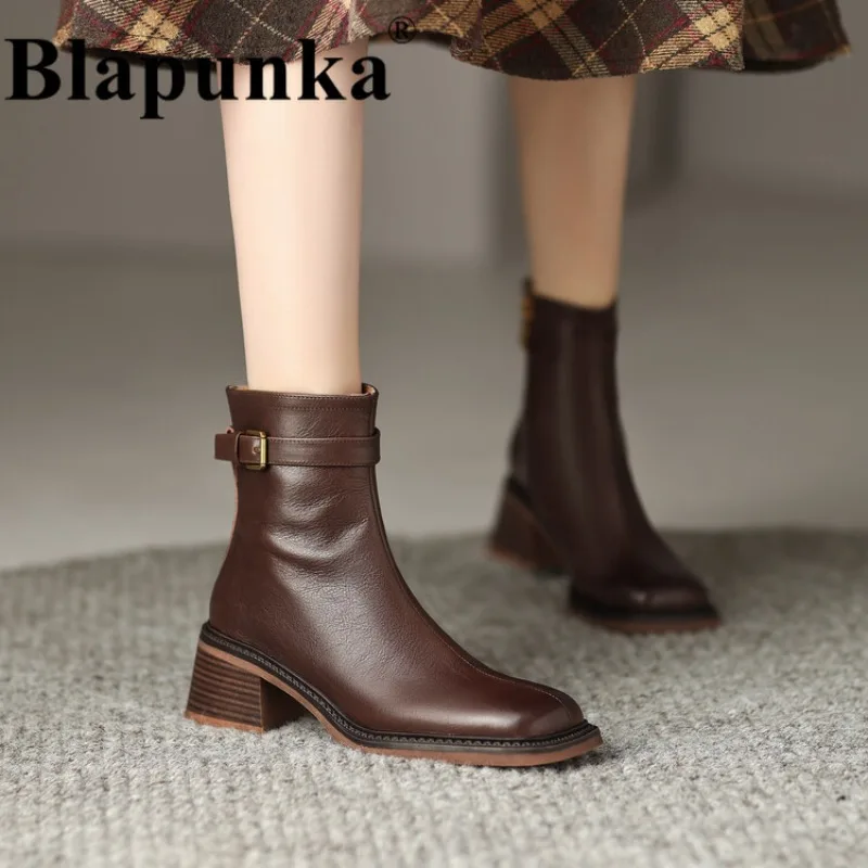 

Женские ботинки из натуральной кожи Blapunka, черные мотоциклетные ботинки ручной работы на блочном каблуке, на молнии, с пряжкой, в стиле ретро, 2019