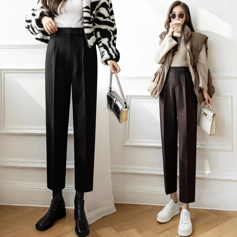 

2022 Elegant Korean Women's Pants Spring Summer Loose Elastic High Waist Harem Trousers Female Black Brown Suit Pants 117i
