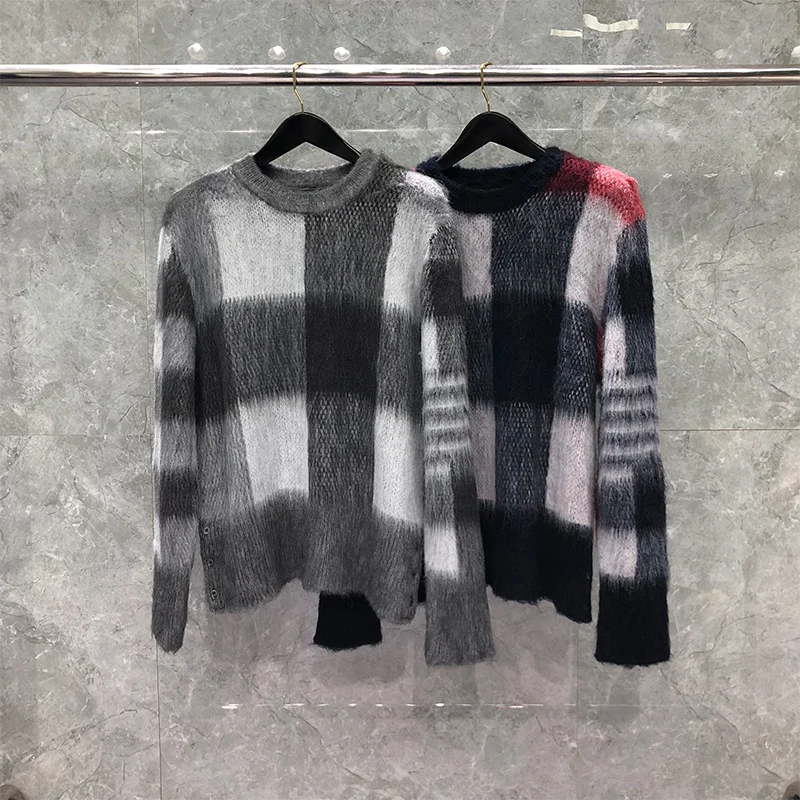 THOM TB Men's Winter Sweater Korean Brand Women's Sweater Classic Mohair 4-Bar Stripe Crew Neck Pullover Plaid Men's Coat