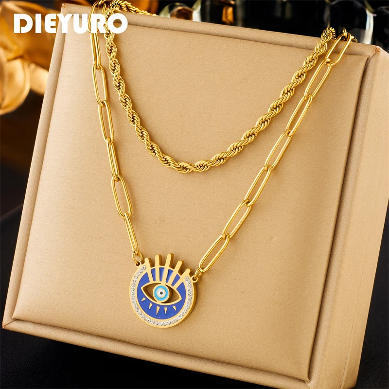 

DIEYURO 316L Stainless Steel Round Retro Eyes Pendant Necklace For Women Girl New Trend 2in1 Chains Jewelry Gift Party Collier