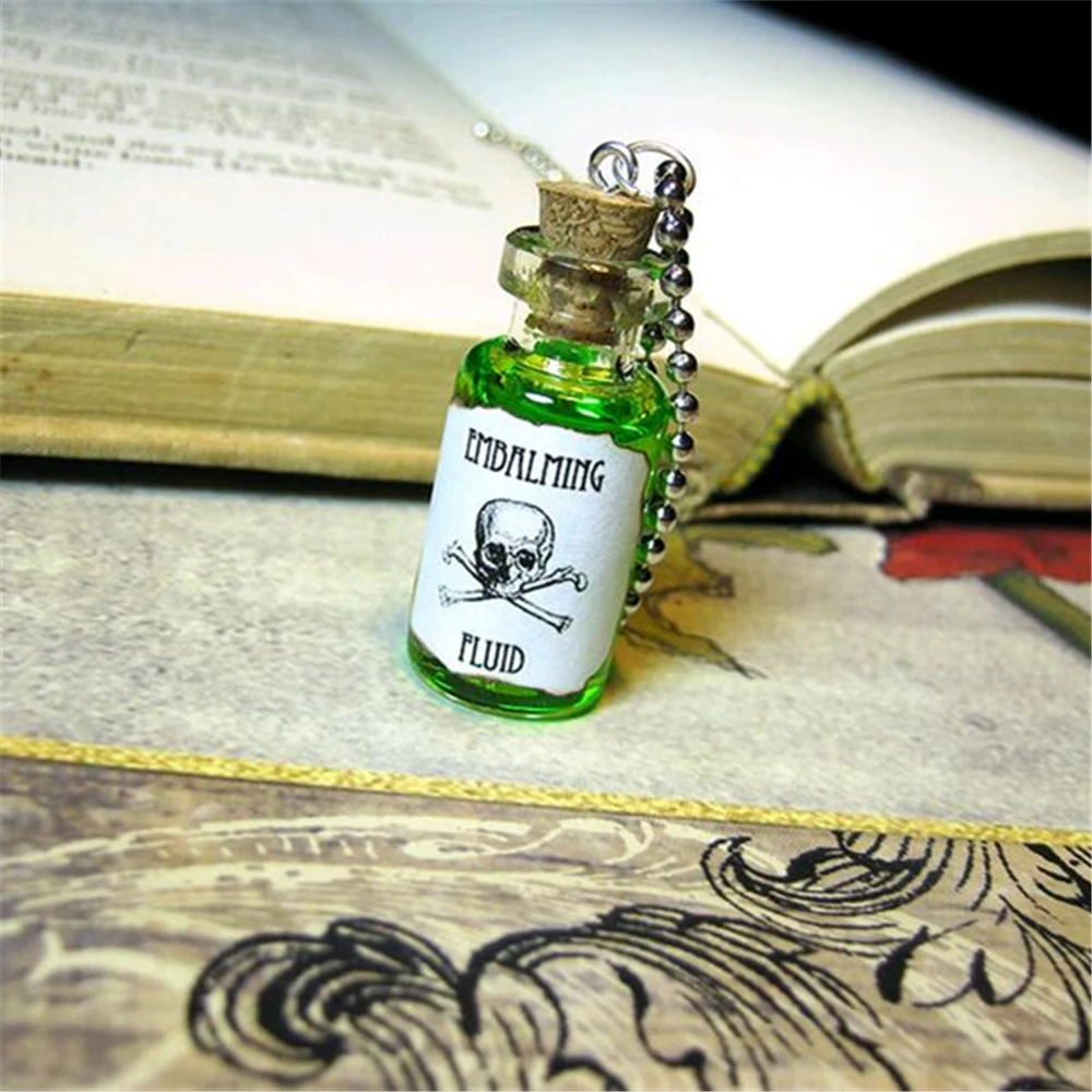 Embalming Fluid Glass Bottle Necklace Charm Cork Pendant Vial Halloween Vintage Medical Poison