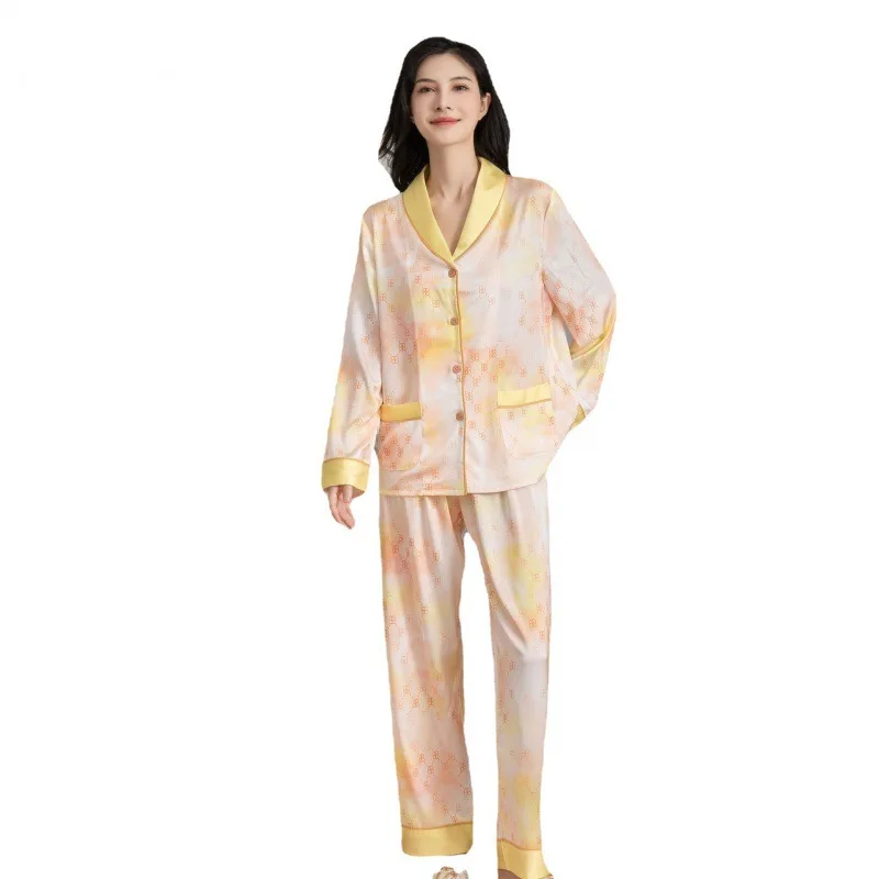 2023 Spring and Autumn New Pajamas Women's Ice Silk Long Sleeve Pants Set Home Clothes Set Green Fruit Collar