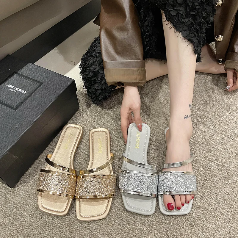 Shoes for Women 2023 Hot Sale Basic Women's Slippers Summer Square Toe Sequin Women Sandals Outdoor Beach Slippers Zapatos Mujer