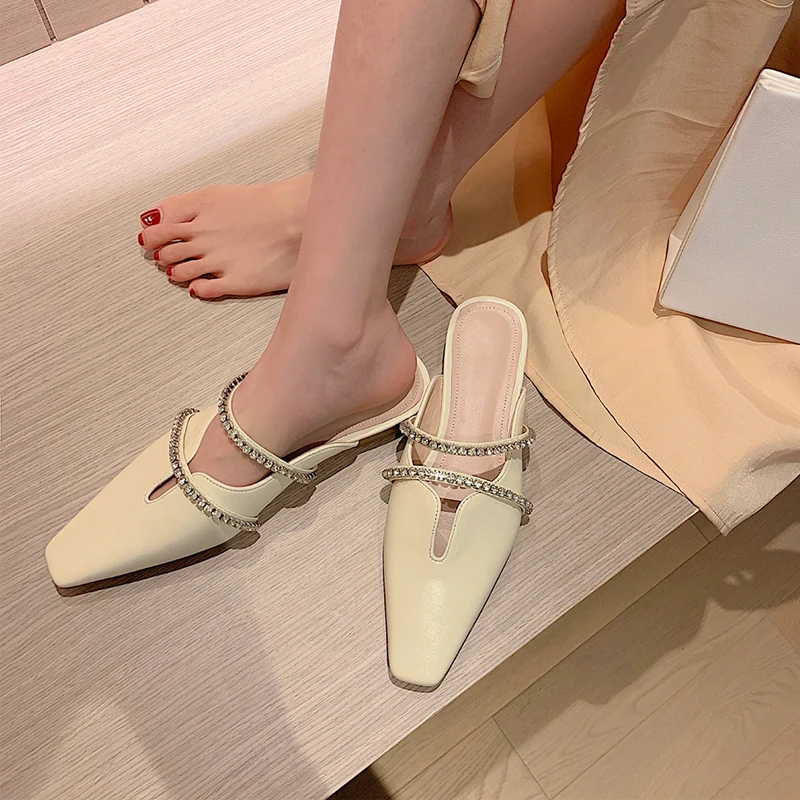 Женские мюли на плоской подошве блестящие мокасины из воловьей кожи без застежки