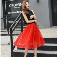 korean sexy lace hollow out ball gown skirts womens summer clothing elegant fashion solid folds elastic high waist midi skirt