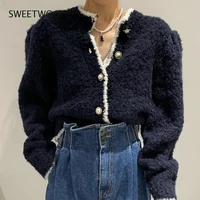 cardigan coat korean women autumn chic elegant contrast color pearl button loose bubble sleeve knitted sweater women tide chic