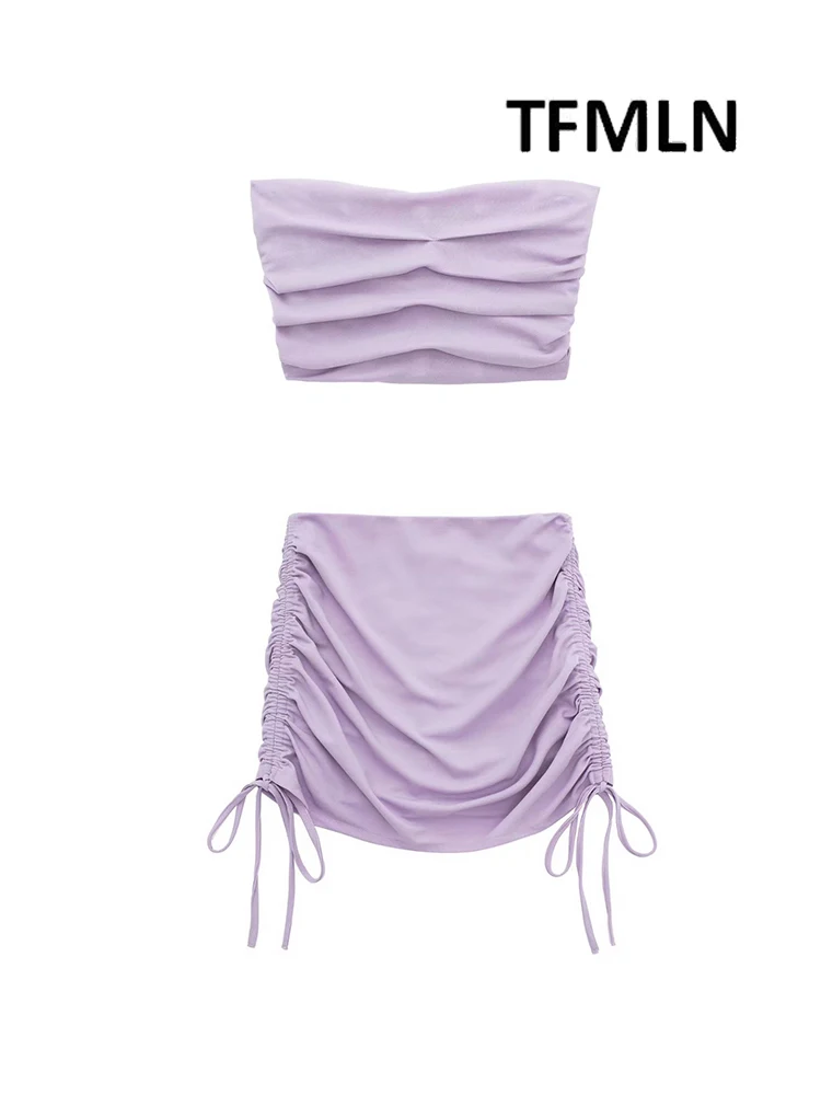 

TFMLN 2pcs Women Solid Skirts Sets Casual Elastic Strapless Tops+Pleated Female High Waist Pleated Skirt 2022 Summer