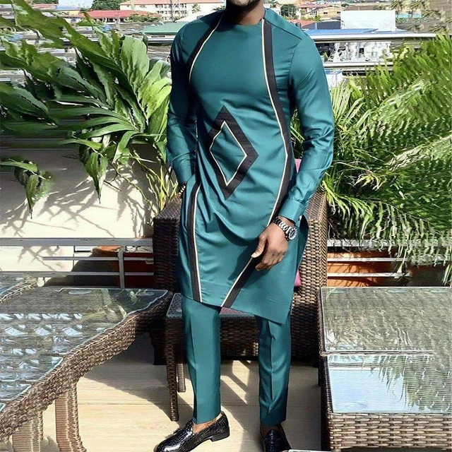 Dashiki African Clothing For Men Casual Green Geometric Print Suit Long Sleeve Shirt Trouser African Suit For Men Set 2 Pieces 4