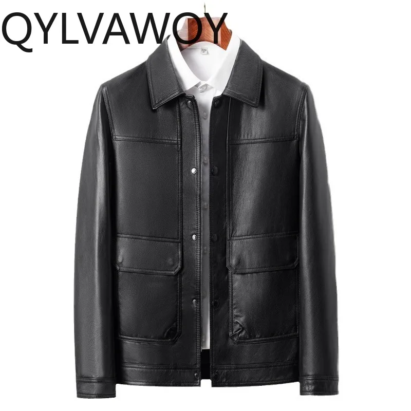 Фото QYLVAWOY Куртки из натуральной коровьей кожи для мужчин, деловые повседневные пальто с отложным воротником, высококачественная короткая куртка, осенне-зимняя куртка №1