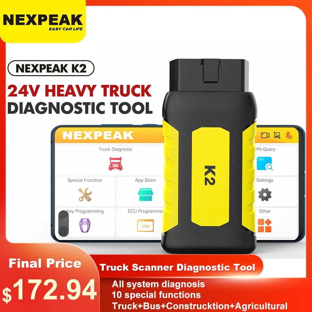 NEXPEAK K2 Heavy Truck Scanner Diagnostic Tool for Truck DPF Cluster Calibration Full System Trucks Tractors Diesel OBD Scanner