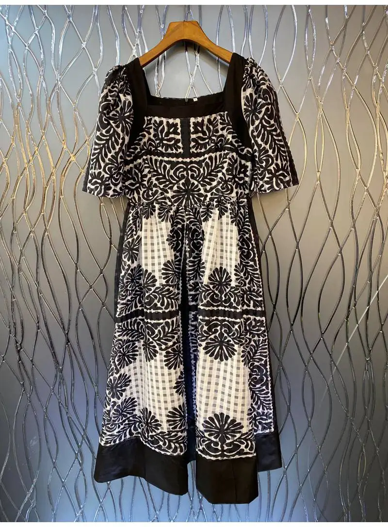 

Newest Fashion Dress 2022 Spring Summer Women Sexy Square Collar Geometric Prints Short Sleeve Mid-Calf Length Casual Dress Sun