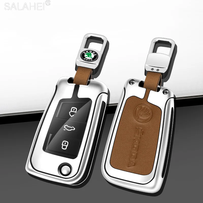 

Leather Car Folding Remote Key Case Bag Cover Holder Shell Fob For Skoda Octavia A7 Kodiaq Karoq Keychain Accessories Protector