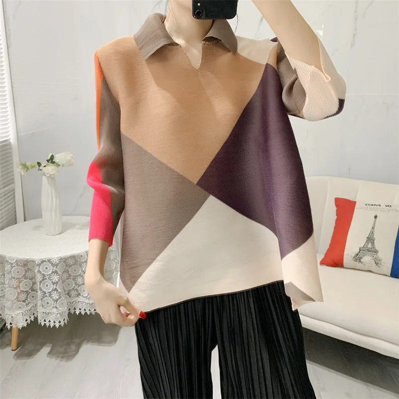 

Miyake pleated design sense niche top women's autumn new loose women's color matching three-quarter sleeve T-shirt women