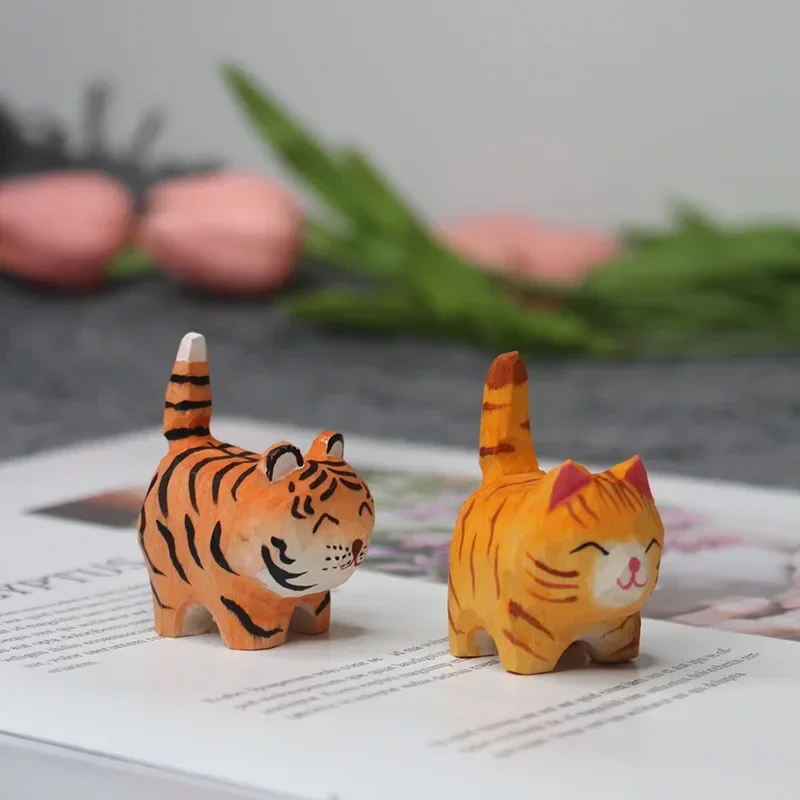 Cute Cat Panda Handmade Wood Carving Kitten Ornaments Small Animal Creative Home Desktop Decoration Crafts Figurines Miniatures