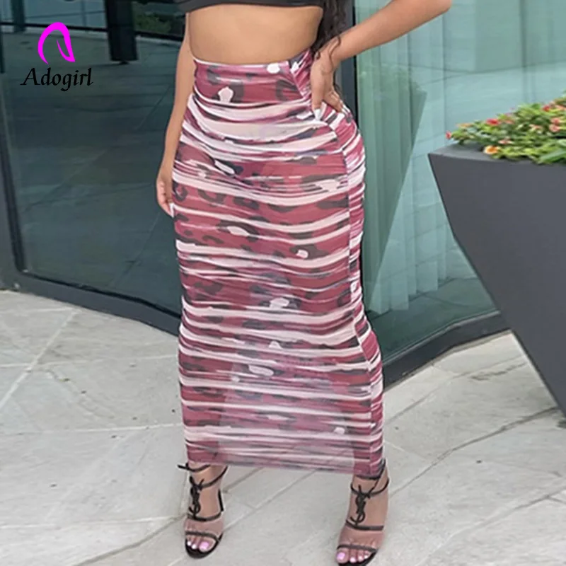

Leopard Printed Women Long Skirts High Waist Bodycon Activewear 2022 Summer New Sexy Sheer Mesh See Through Night Club Bottoms