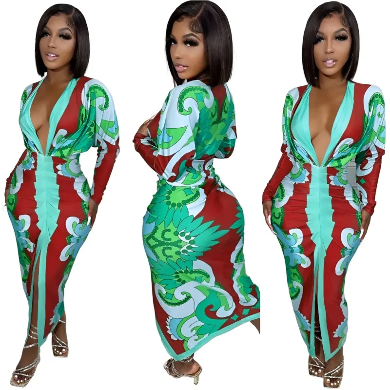 

African Dresses For Women New Dashiki Fashion Polyester V Neck Tight Long Dress Printed Long Sleeved Cardigan Robes Autumn 2023