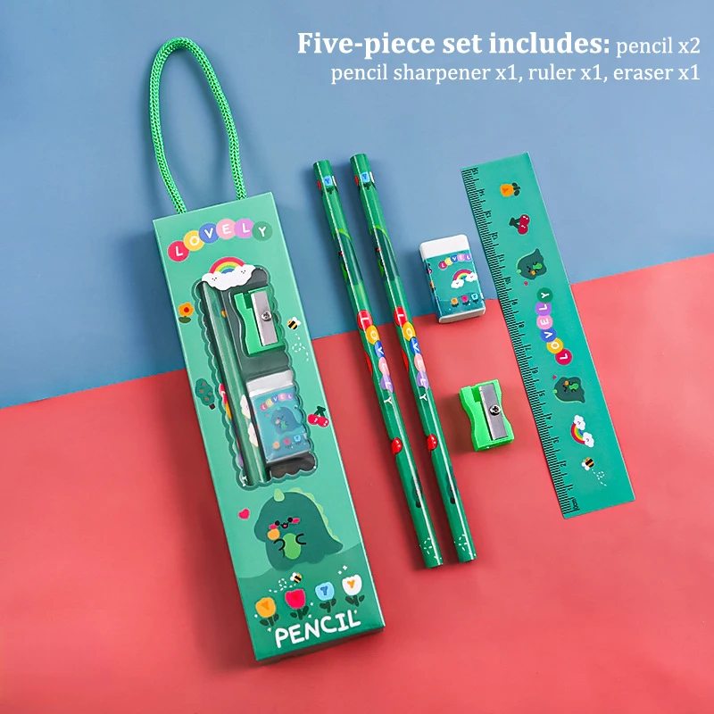

5Pcs Portable Stationery Set Cartoon Pencil Ruler Sharpener Eraser Set Gift for Kids School Office Writing Prize Stationery Set
