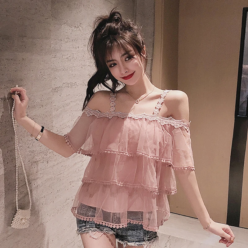

2022 Simple One-Word Neck Halter Boho Mesh Shirt Lady Ruffles Short Sleeves Elegant Trim Blouse Summer Lacing Lady Sexy