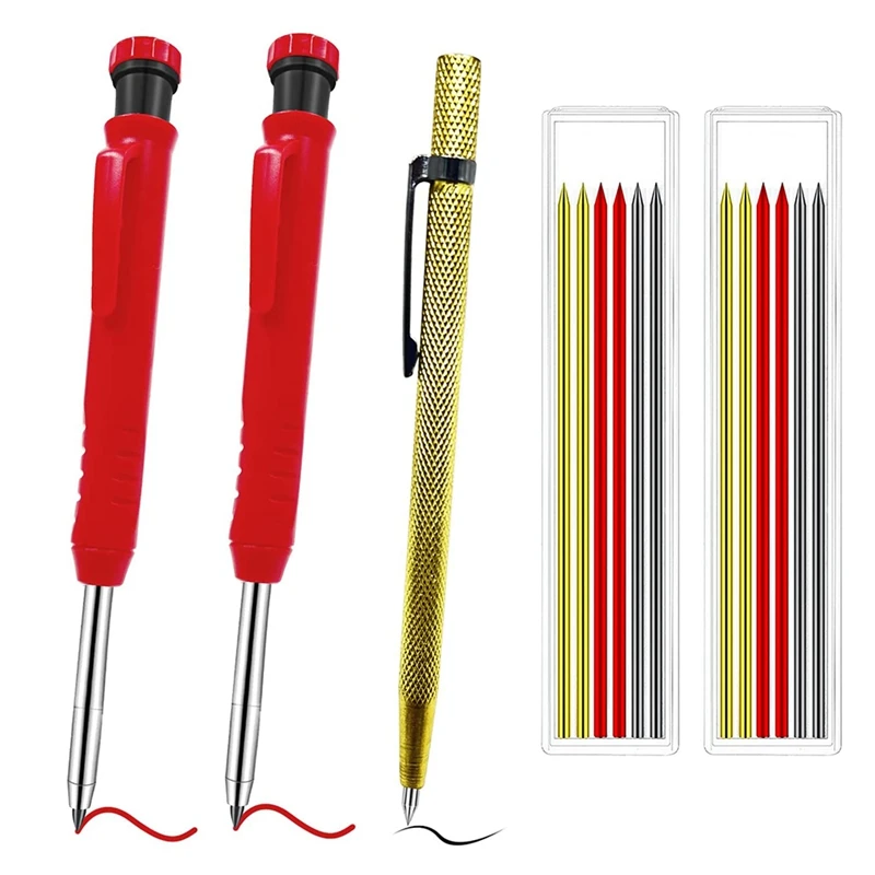 

Deep Hole Carpenter Pencils Set 2Pcs Mechanical Solid Pencil With 14 Refill Leads And Carbide Scriber Tool Marking Kit