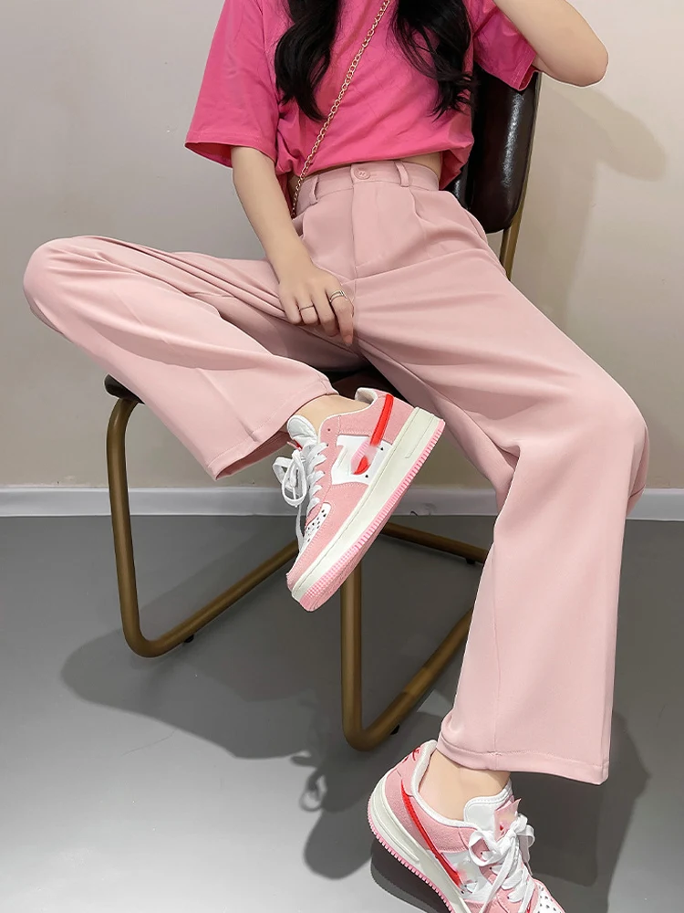 

Pink Wide Office Trousers for Women 2023 Spring Summer Korean Harem Pants Elegant Ankle-length Women's Trouser Suit Streetwear