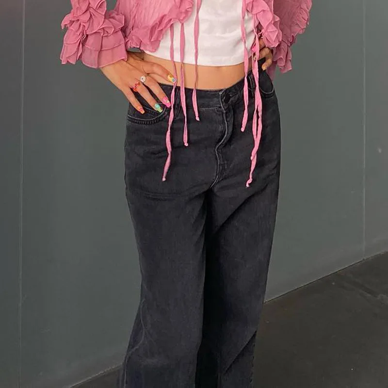 WeiYao Vintage Baggy Denim Jeans for Women Low Waist Straight Casual Pant 2022 Summer Streetwear Fashion Loose Trousers 90s