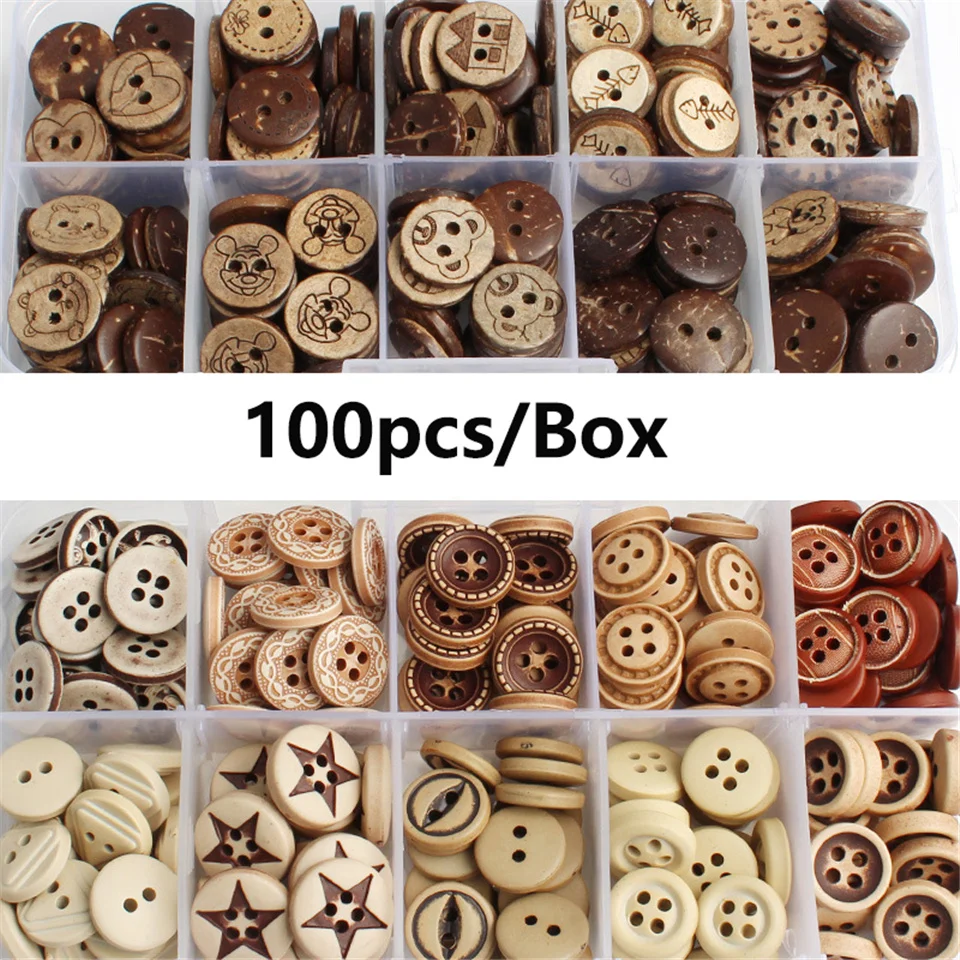 

100pcs/set Buttons Boxed Children's Wooden Button Log Color Knitted Shirt Coconut Baby Clothes Accessories Button Set