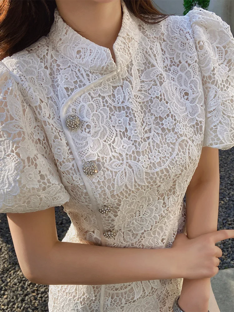 DABUWAWA Tienda Vestidos Elegantes Para Women Lace Dress For Chinese StyleHook Flower Hollow Skirt Y2K DA1BDR087