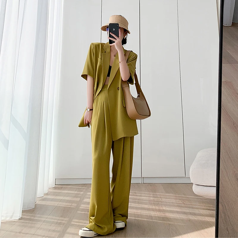 2023 Summer New Blazers Two Piece Suits Women Korean Loose Short Sleeve Blazer Tops High Waist Wide Leg Pants Sets Femme