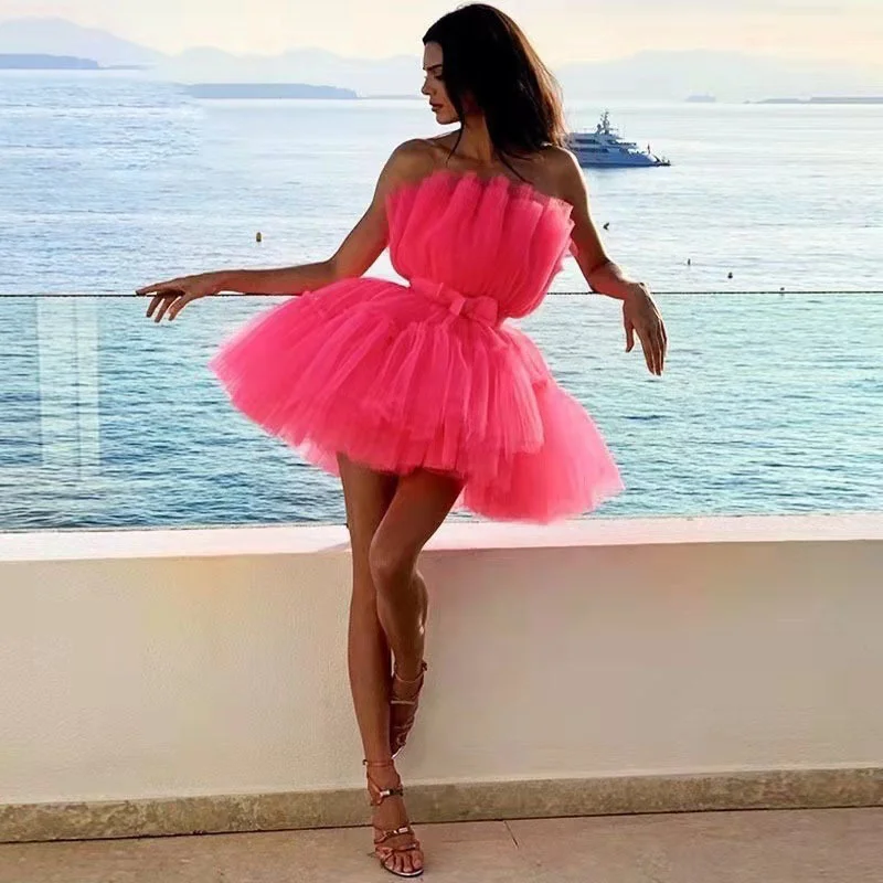 

WUHE Fashion Layered Mesh Strapless Mini Party Dress 2022 Women Elegant Sexy Bow Clubwear Backless Summer Party Vestidos