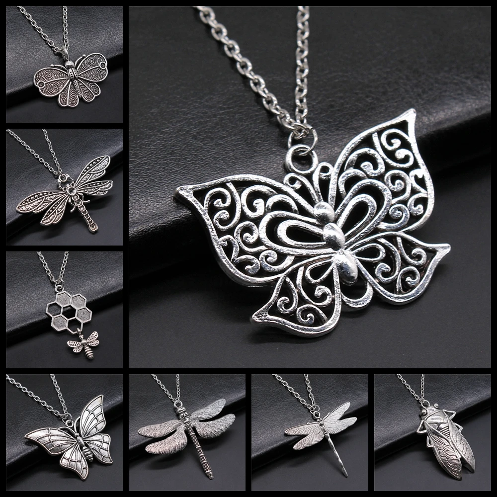 New Fashion Antique Silver Color Flying Animal Insect Necklace Butterfly Dragonfly Bee Cicada Pendant Necklace Gift For Women images - 6