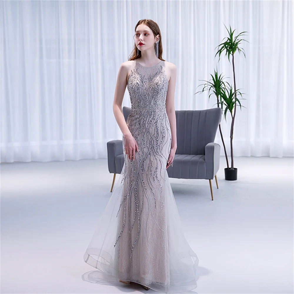 

Grey Gowns Fashion Ladies Crystal Beaded Mermaid Sexy Eveningdress Luxury Party Dress For Women Wedding Party Graduation Formal
