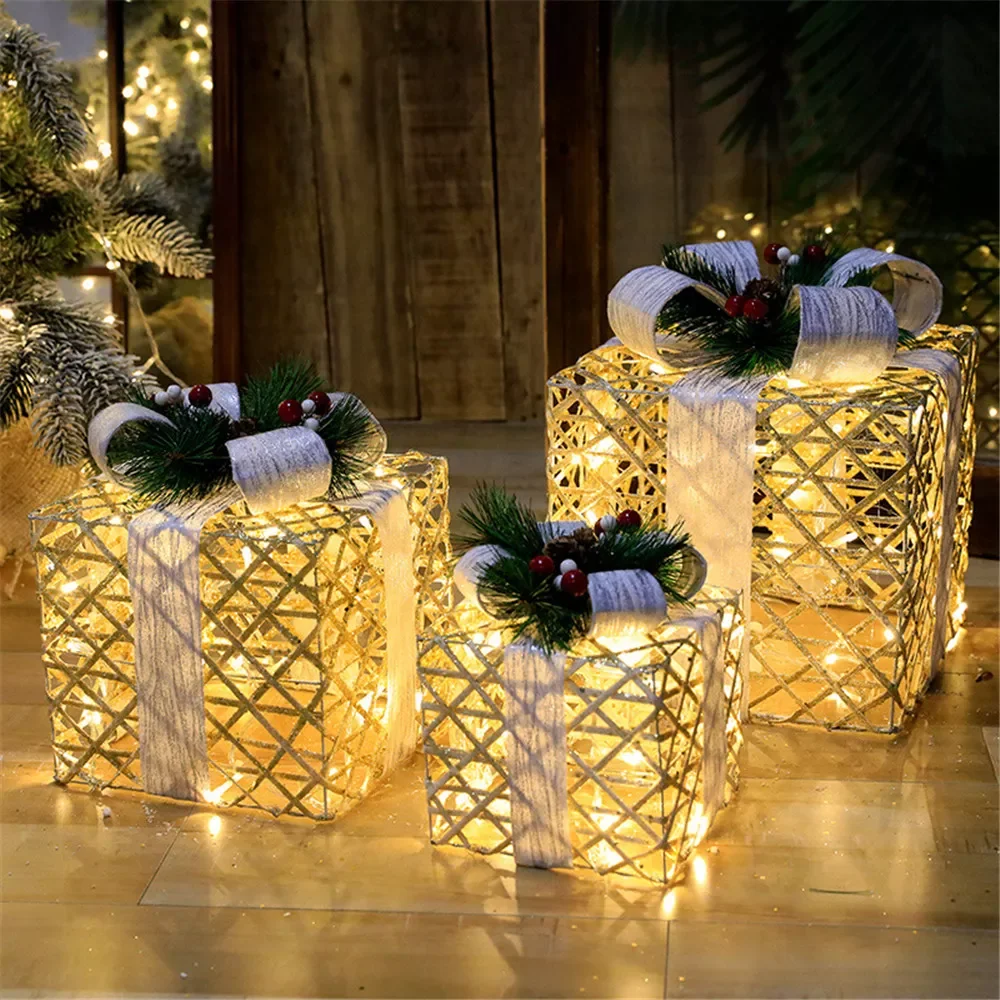 

NEW Decoration 3pcs Led Gift Boxes Christmas Tree Ornaments Luminums Iron Art Home Outdoor Mall New Year 2022 Decorations