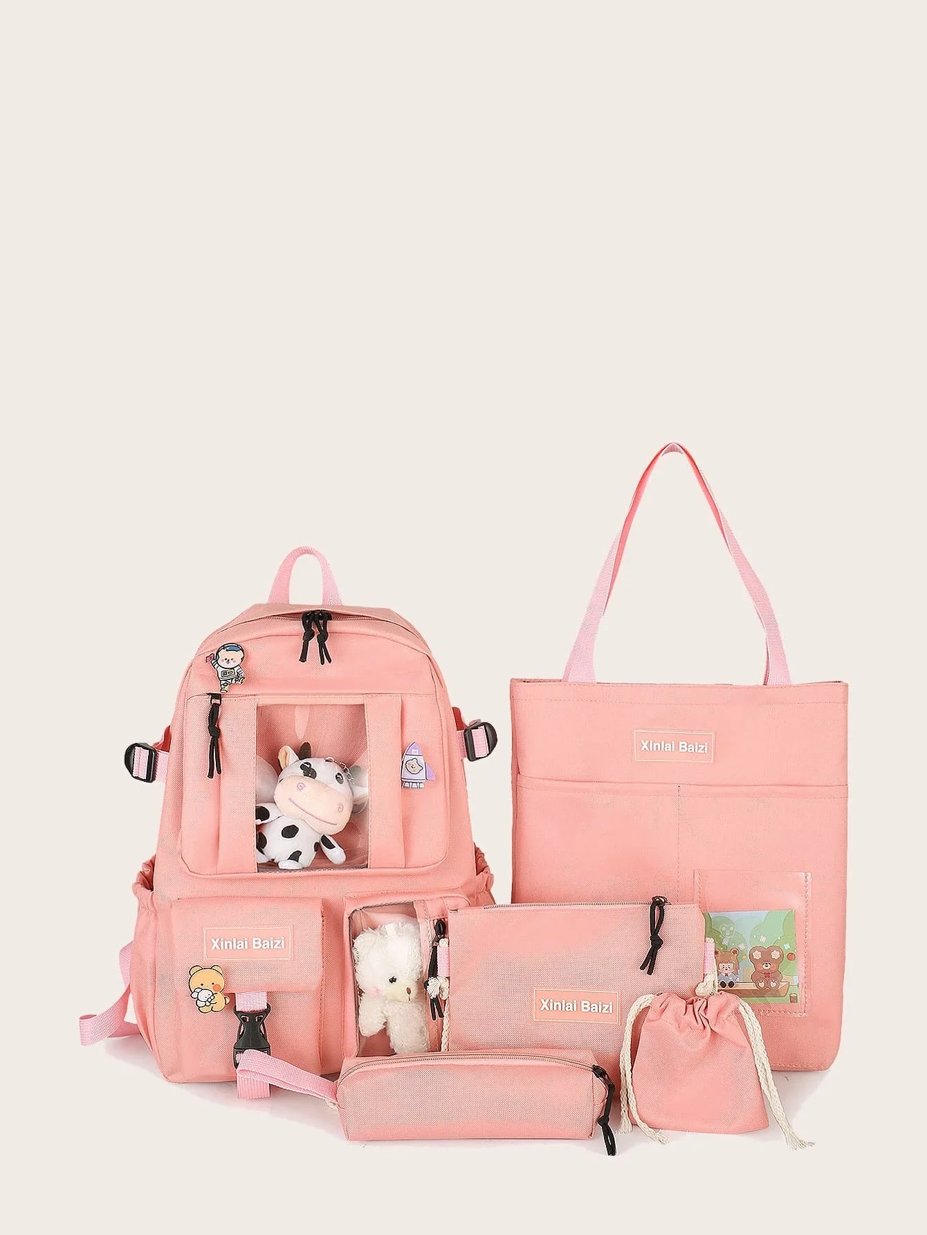 

5pcs Girls Cartoon Decor Backpack Set
