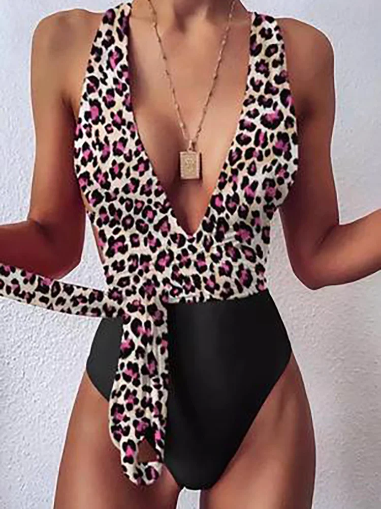 

Leopard Print Swimsuit One Piece Bikini Women Backless Sexy Summer Halter Strap Swimwear Beach Style Thong Bathing Suit
