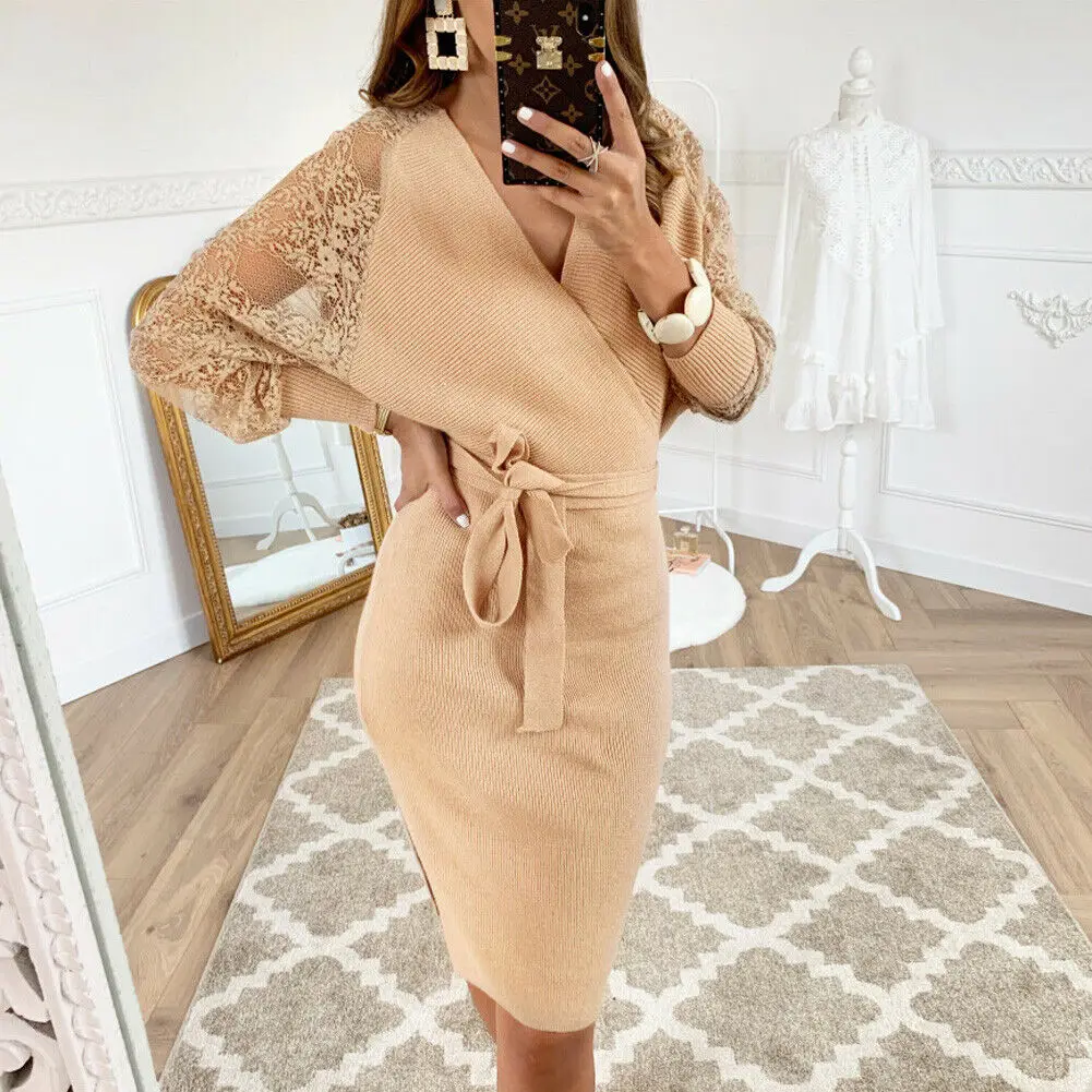 

2020 Autumn New Solid Color Sexy Lace Open Back Dress Hollow Lace Waist Long Sleeve Women's A-line Skirt