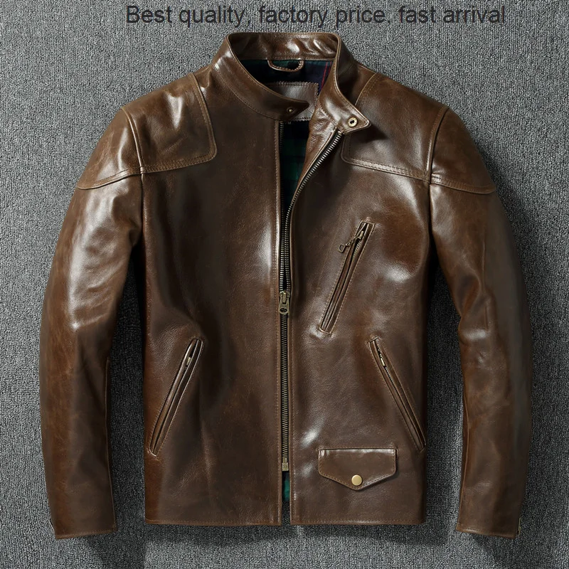 

Мужская винтажная летная куртка, коричневая мотоциклетная куртка из воловьей кожи, с воротником-стойкой, несколькими карманами, из вощеной ...